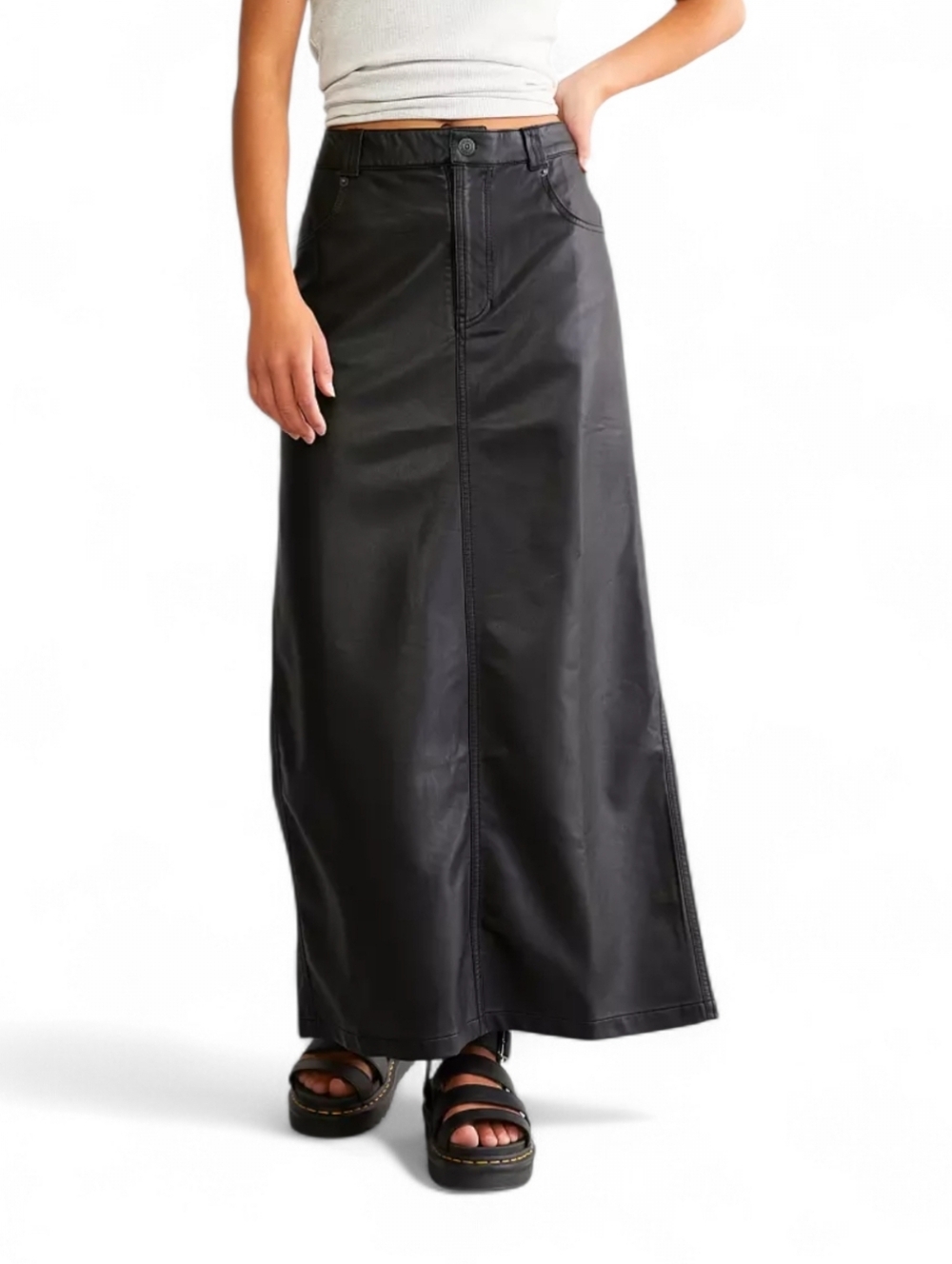 Free People City Slicker Faux Leather Maxi Skirt With Back Slit Sz 2 - Picture 3 of 10